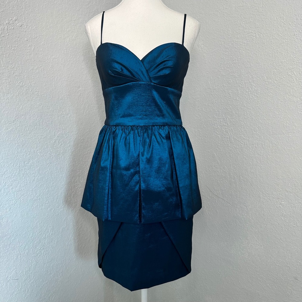 Aidan Mattox Teal Peplum Cocktail‎ Dress Sz 6 – Sweetheart Spaghetti Strap Satin